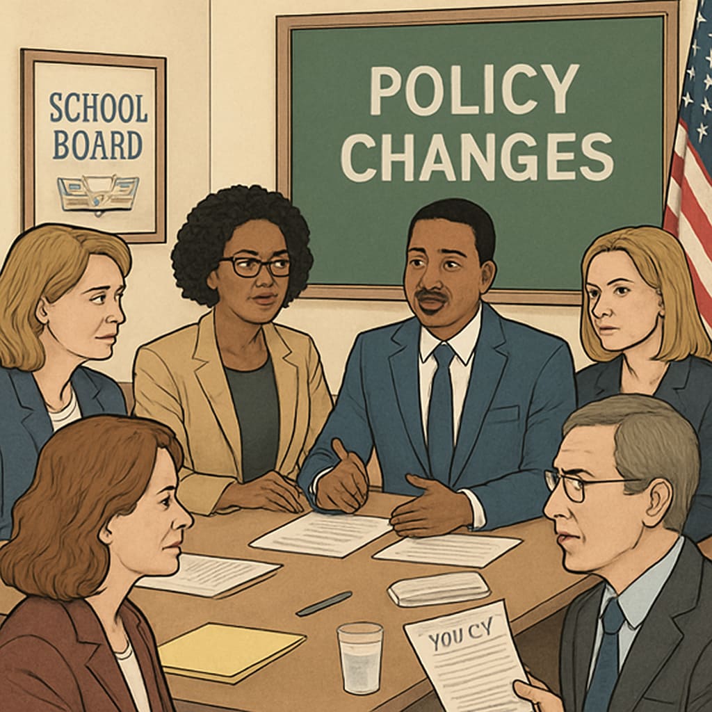 A group of diverse school board members in a professional setting discussing policy changes. School board members discussing governance and policy changes.