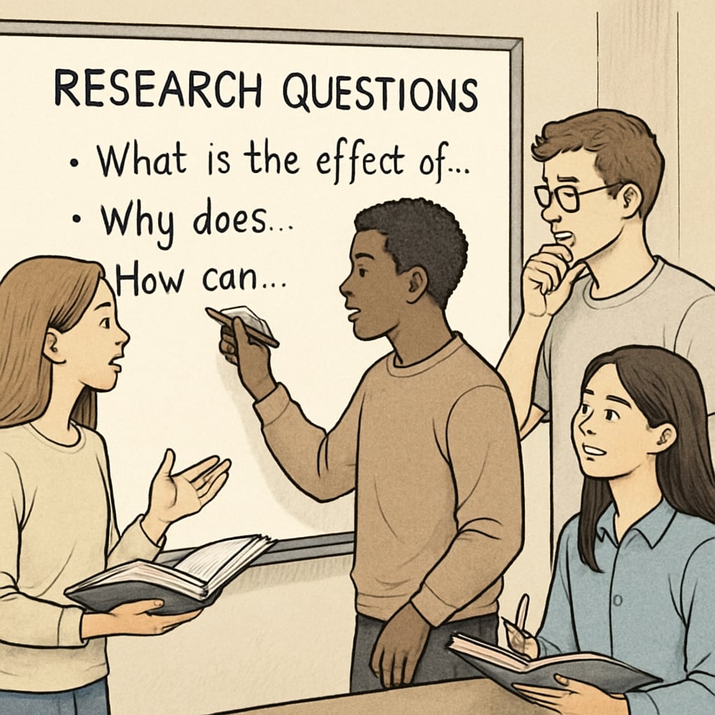 A group of students collaborating on a whiteboard to refine their research question ideas. The image emphasizes teamwork and critical thinking. Students refining research question ideas collaboratively on a whiteboard.