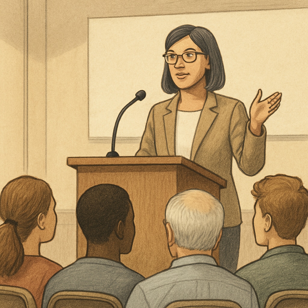 A school board member speaking during a community town hall meeting. School board member addressing stakeholders during a town hall.