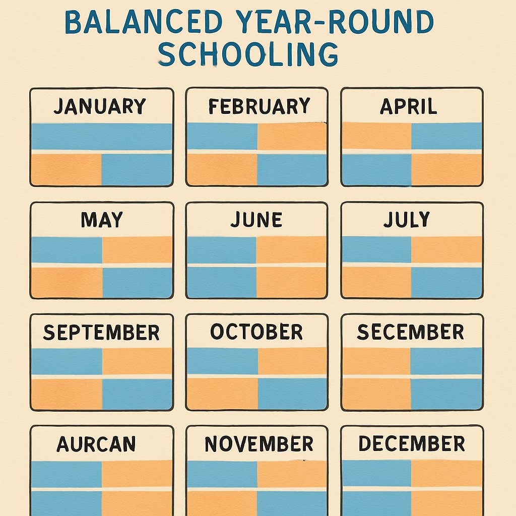 A classroom calendar showing a balanced year-round schooling schedule with equal learning and break periods. Calendar representing year-round schooling schedule with balanced learning and breaks.