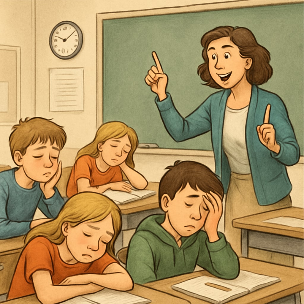 A classroom setting where a teacher interacts with fatigued students, trying to apply motivational techniques learned in theory. Teacher applying motivation theory to address learning fatigue in a classroom.