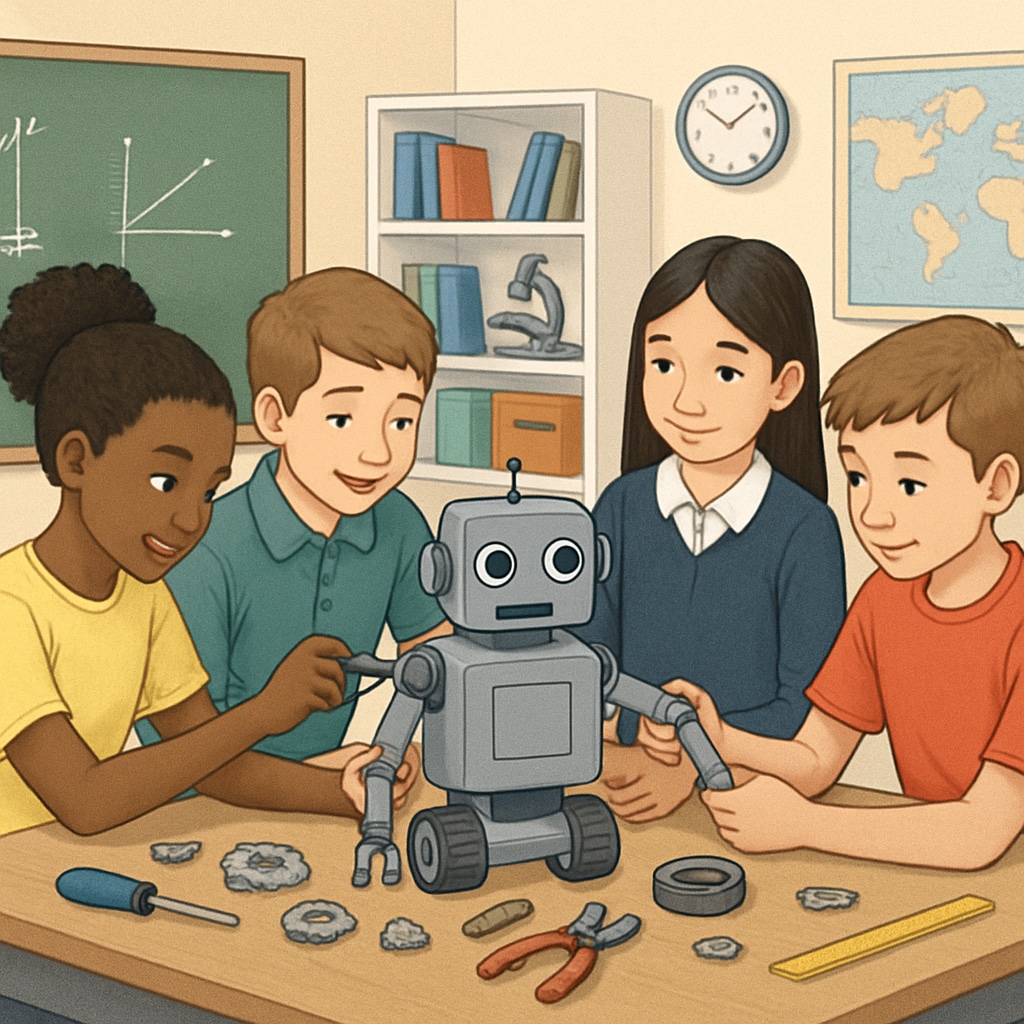 A group of K12 students working together to assemble a robot in a classroom setting. Students collaborating on a robotics project in a beginner-friendly course.