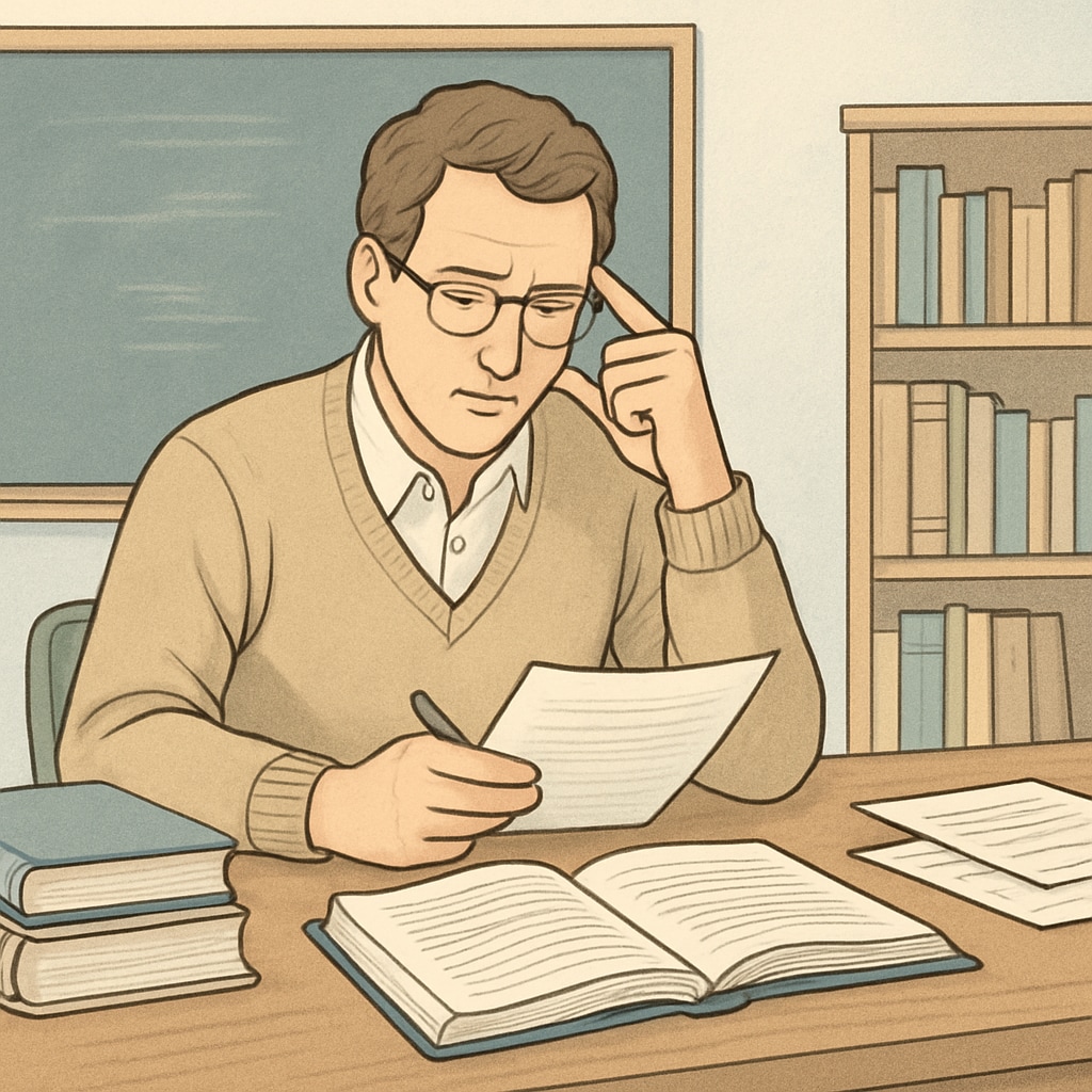 A teacher reviewing notes in a quiet room, reflecting on challenges in applying motivation theories. Educator reflecting on the real-world application of motivation theory after a class.