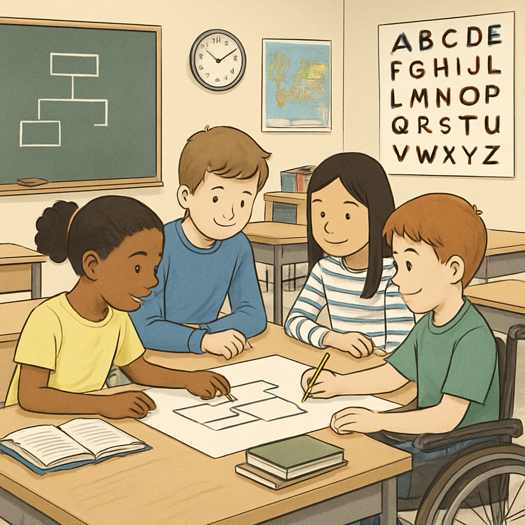 A classroom setting with students of varying abilities collaborating on a project, symbolizing inclusivity. Students collaborating in a classroom, representing inclusivity in education.
