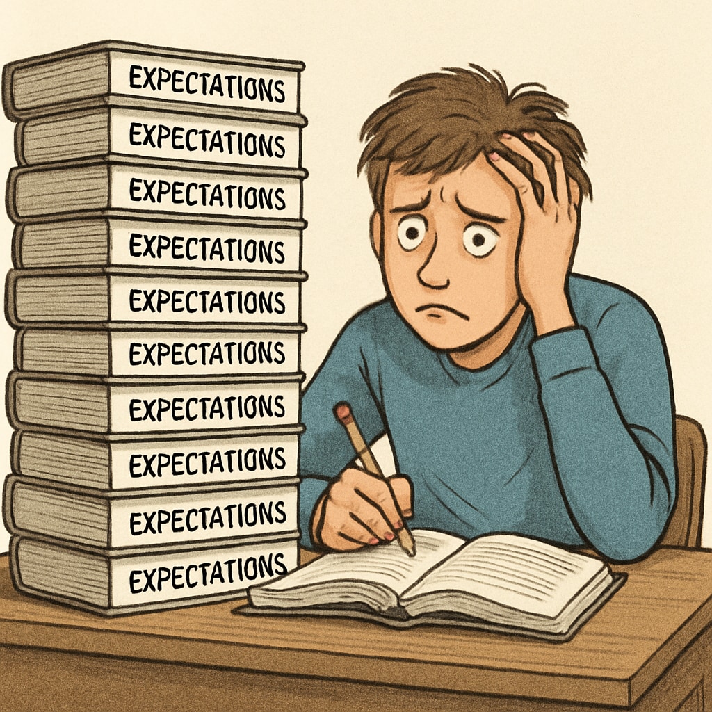 A stressed student with a pile of books labeled Stressed student facing pressure from societal expectations tied to the genius label.