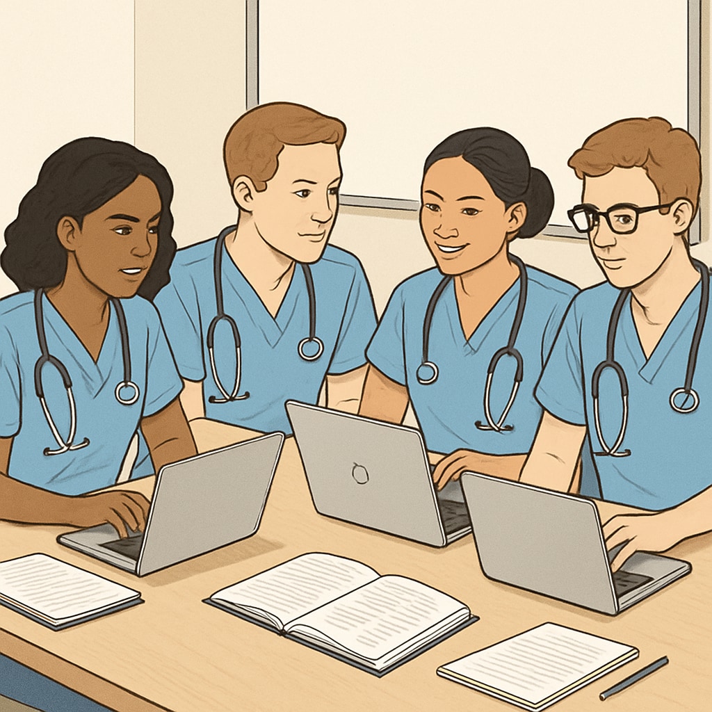 A group of nursing students collaborating together on laptops in an online study session, emphasizing teamwork and digital interaction. Nursing students in an online study group using laptops to collaborate.