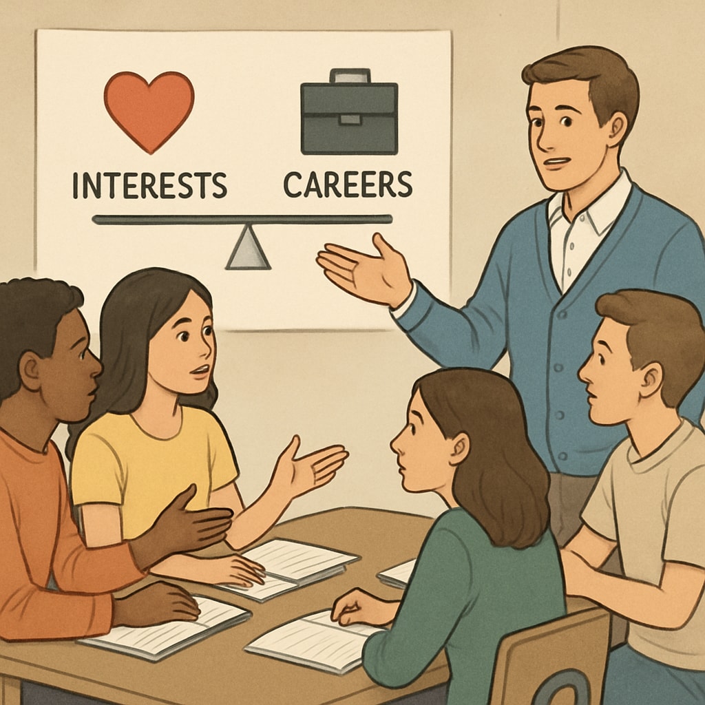 A diverse group of students discussing career paths with a teacher, symbolizing the balance between personal interests and future job potential. Students and a teacher discussing career options, representing the balance between passion and salary potential.