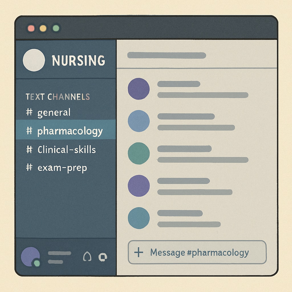 A screenshot of a well-organized Discord server with channels labeled for nursing subjects like Discord server screenshot showcasing nursing study group channels.