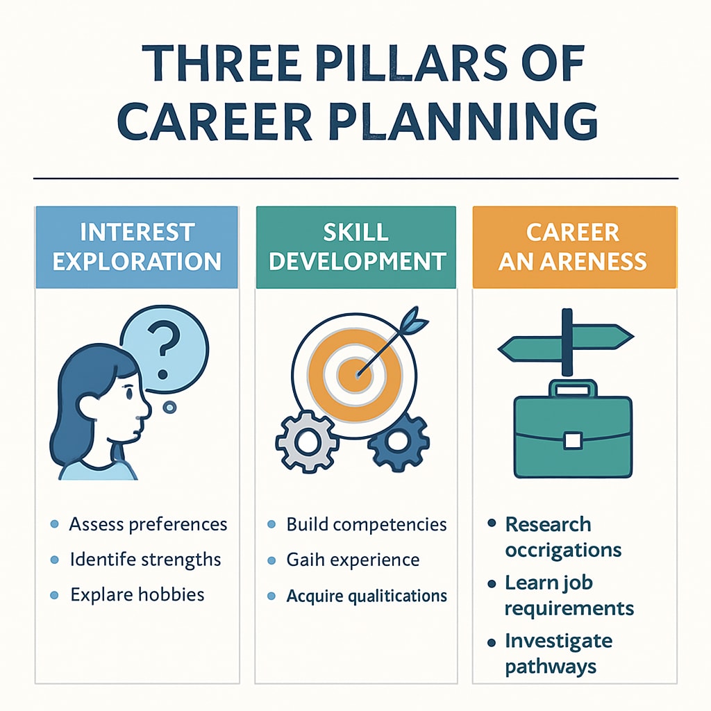 An infographic showcasing the three pillars of career planning—interest exploration, skill development, and career awareness. Infographic on career planning focusing on interest exploration, skill development, and career awareness.