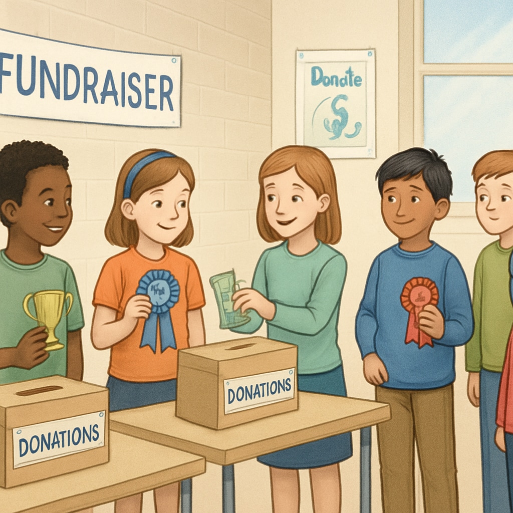 A group of children participating in a school fundraiser, with evident disparities in contributions. Some students hold premium rewards, while others observe from a distance. School fundraising event showcasing economic disparities among students