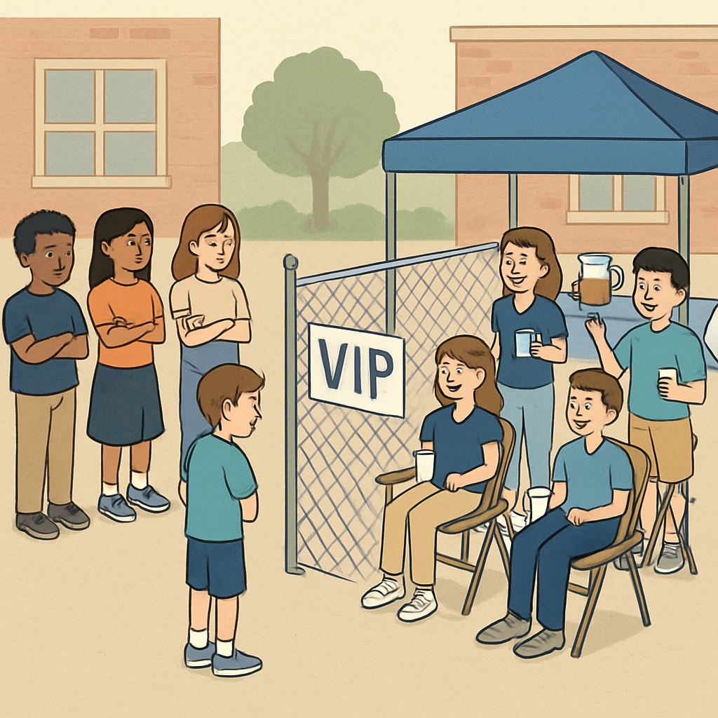 A school event where students are visibly divided based on their fundraising tiers. Wealthier students enjoy exclusive privileges while others remain excluded. Students divided by tiered fundraising contributions at a school event