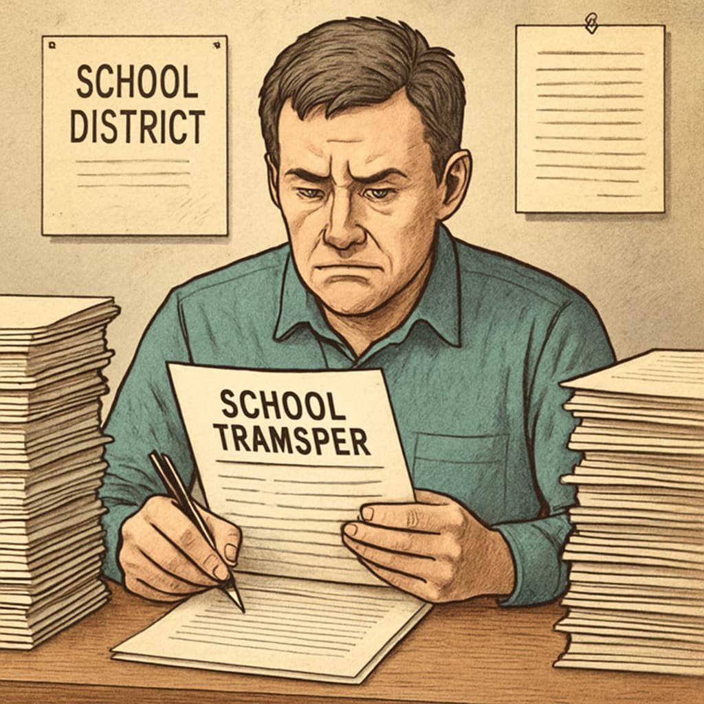 Parent reviewing school transfer paperwork, highlighting school district miscommunication.