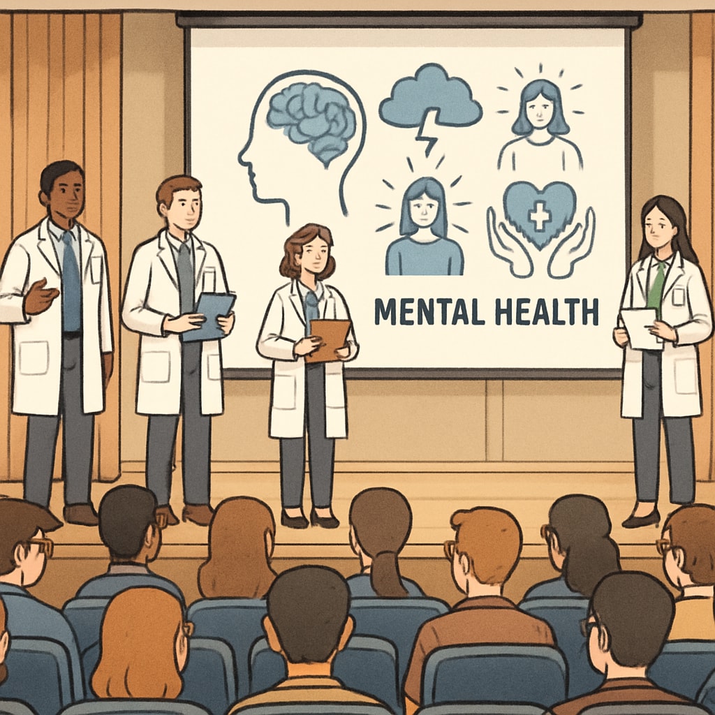 A group of medical students delivering a mental health presentation to high school students in a school auditorium. Medical students leading a mental health awareness event for high school students.