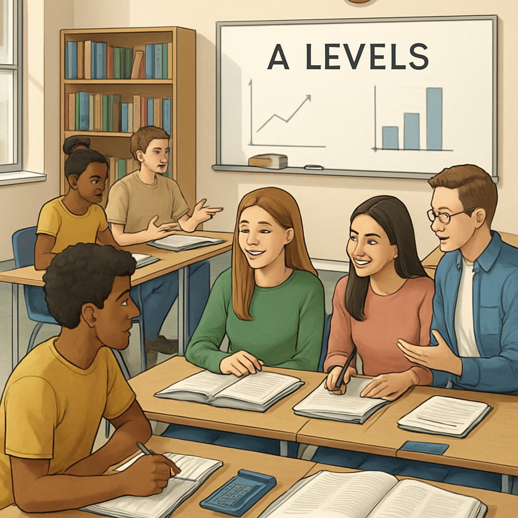 UK A Levels classroom with engaged students