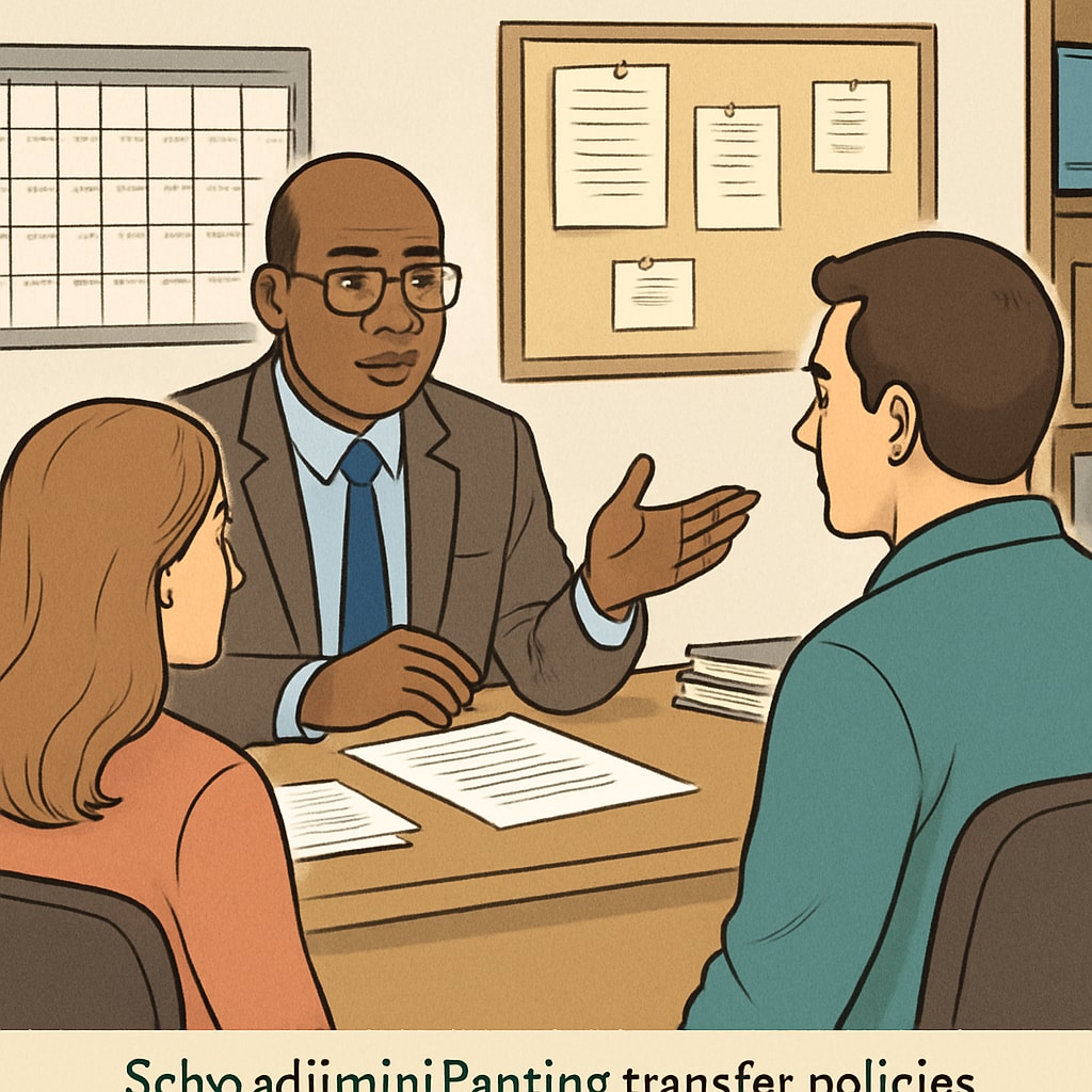 School administrator explaining transfer policies to parents, illustrating inter-district communication challenges.