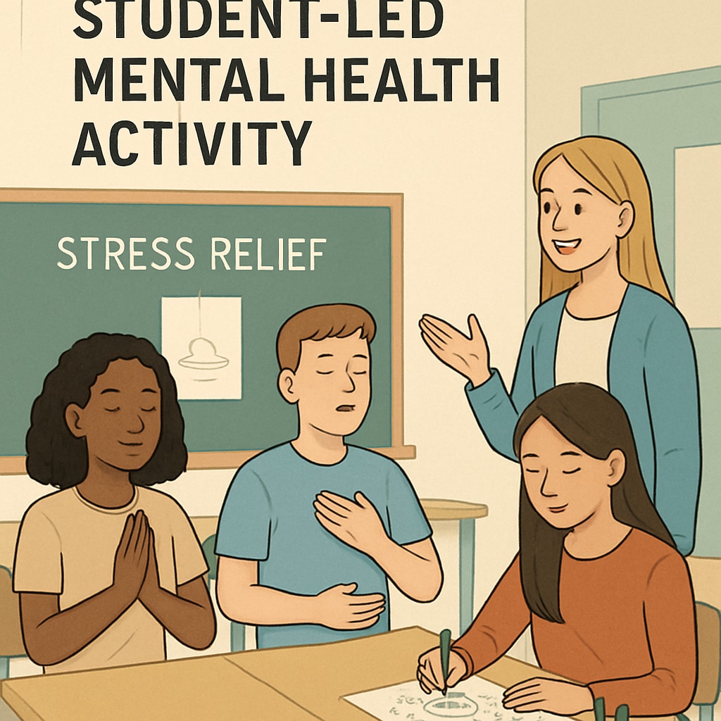 A student-led mental health activity with high schoolers participating in a stress-relief exercise. High school students engaging in stress-relief activities during a mental health event.