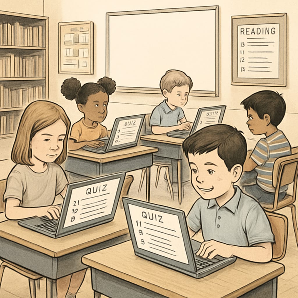 A classroom of elementary students sitting at desks, working on laptops for reading comprehension quizzes. Students participating in reading comprehension activities using laptops.