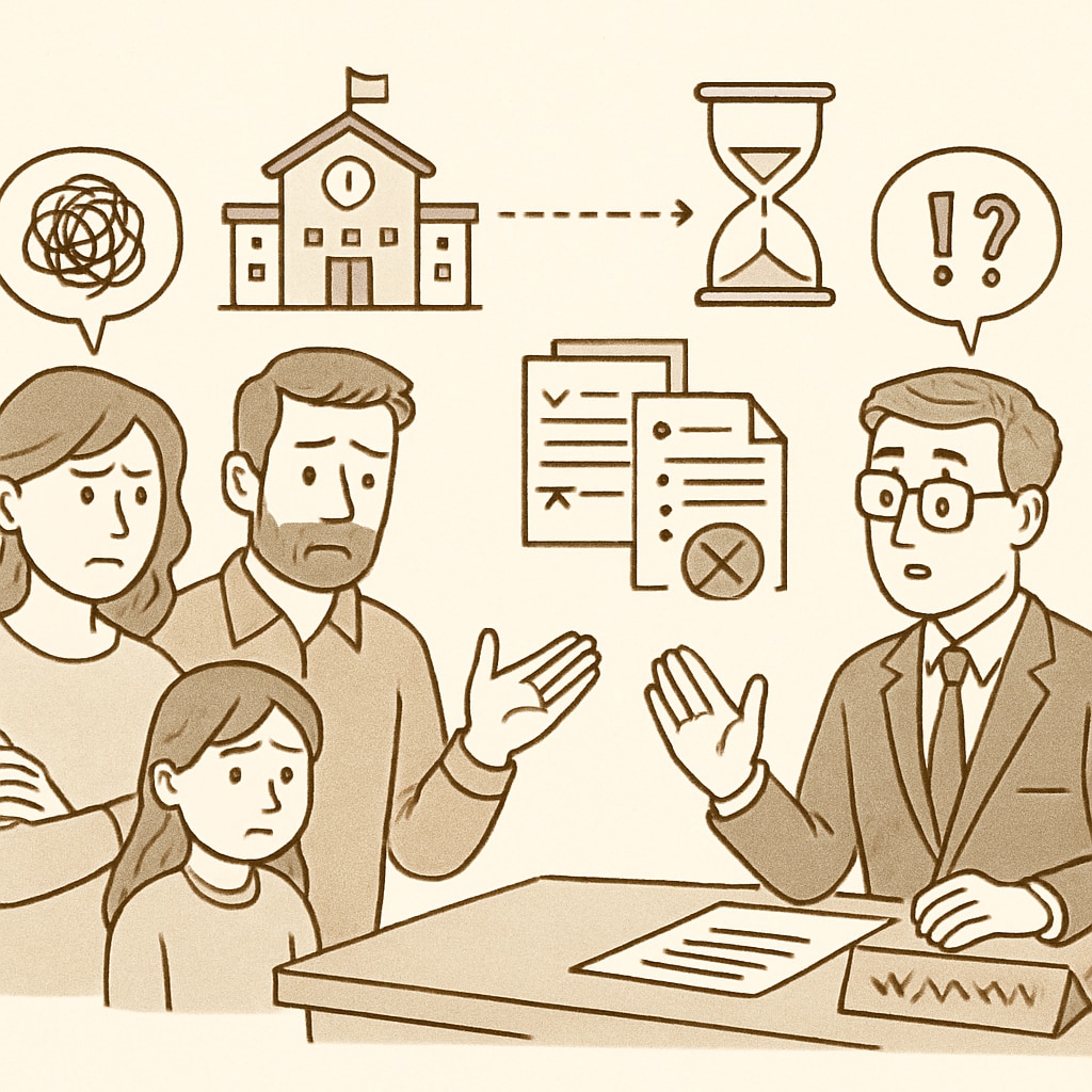 Family discussing school application delays with local education officer