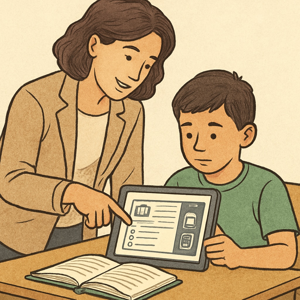 A teacher guiding a student through an online reading comprehension platform on a tablet. Teacher assisting a student with an online reading comprehension test.