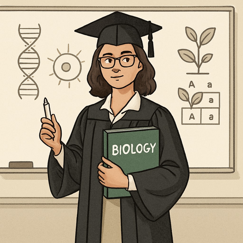 A biology graduate holding a textbook in one hand and a whiteboard marker in the other, symbolizing the combination of scientific knowledge and teaching skills. A biology graduate transitioning into education, holding teaching tools.
