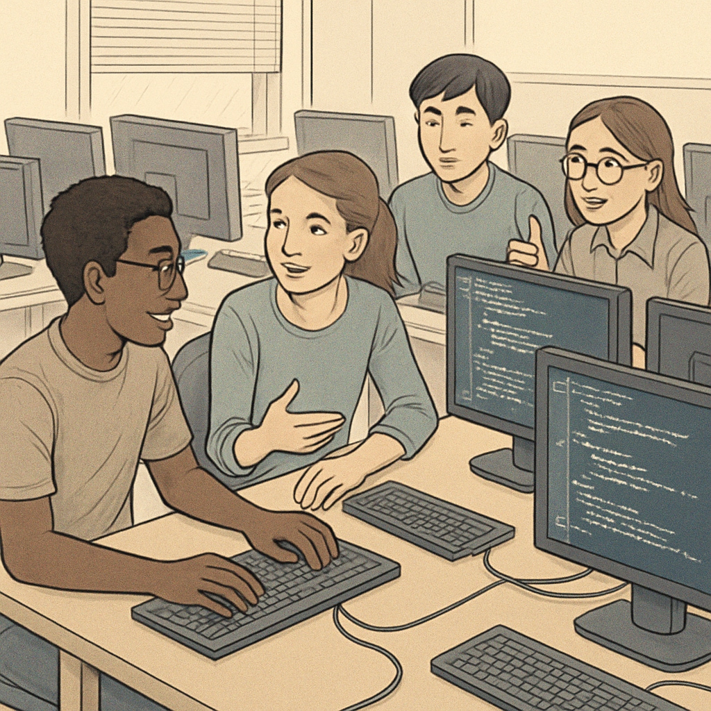 A group of students in a computer lab, discussing code on their monitors. Students discussing IT career paths in a computer lab.