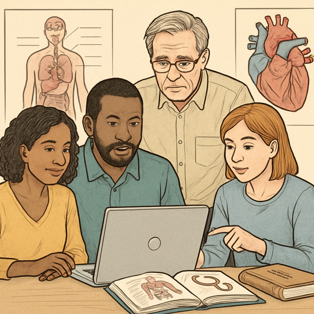 A diverse group of adults learning medical concepts from a laptop. Ideal for illustrating accessible medical education for non-medical backgrounds. A group of adults learning medical concepts online for non-medical education.