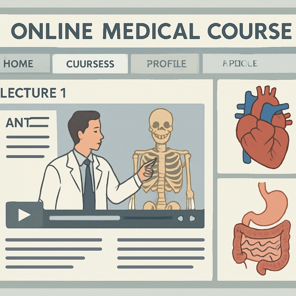 A screenshot of an online medical course interface showing a lecture on anatomy. Represents the accessibility of online learning platforms. Online medical course interface for anatomy education.