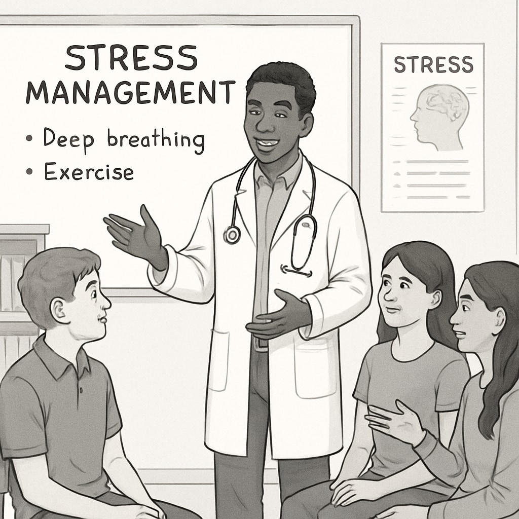 Medical student discussing stress management techniques with high school students