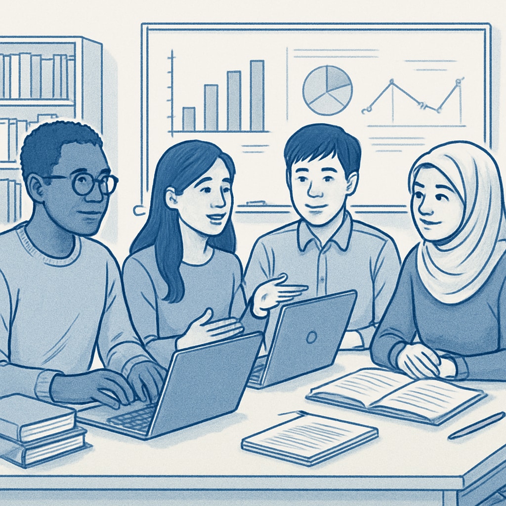 International students discussing data science applications and admissions in a collaborative environment.