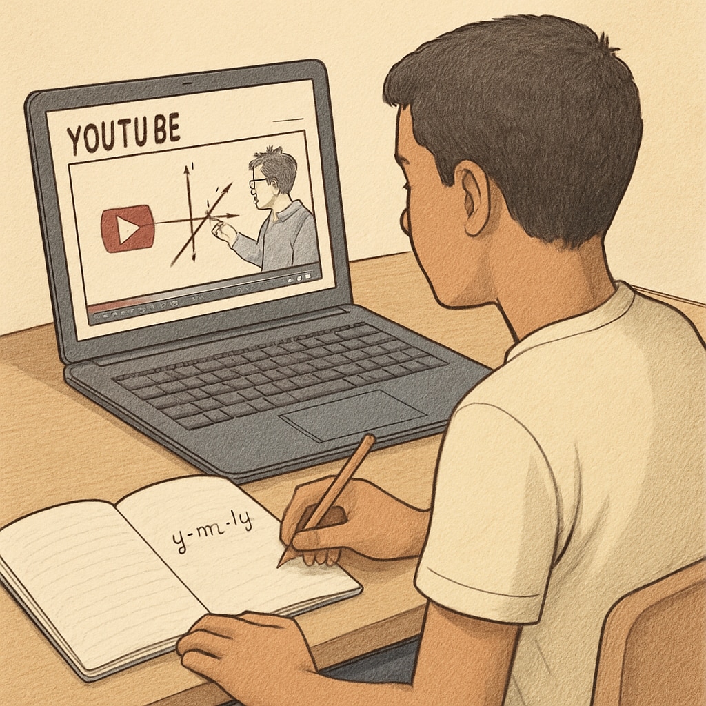 A student watching YouTube math tutorials on a laptop, with a notebook and calculator nearby. YouTube math tutorials for practical learning during campus recruitment preparation.