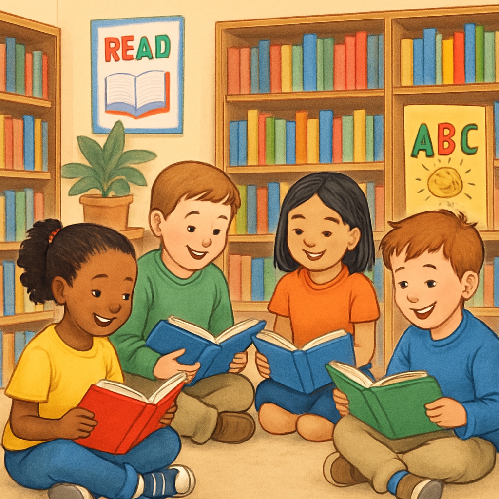 Kids reading books in a lively school library setting to highlight reading comprehension alternatives.