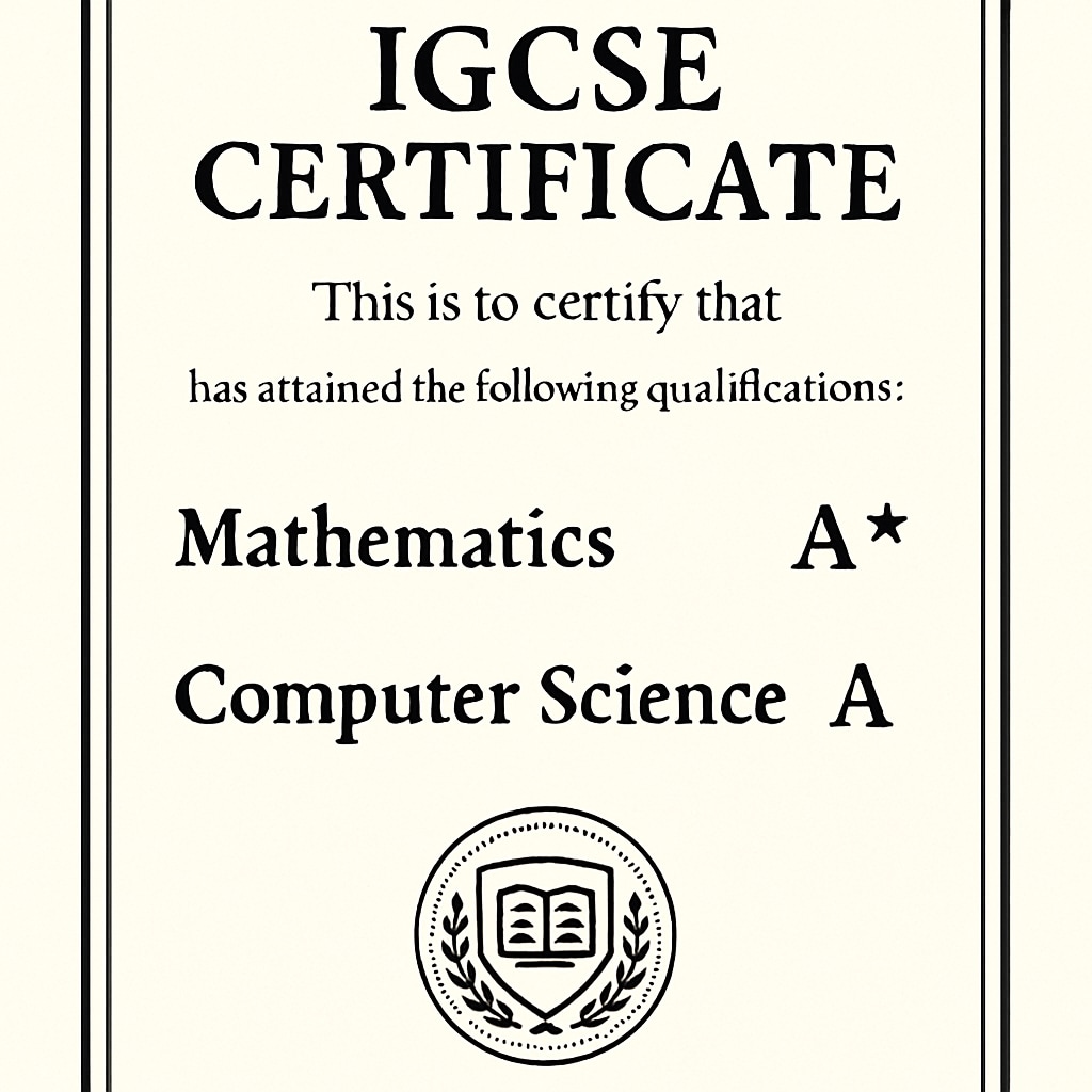 IGCSE certificate showcasing academic qualifications relevant to data science admissions.