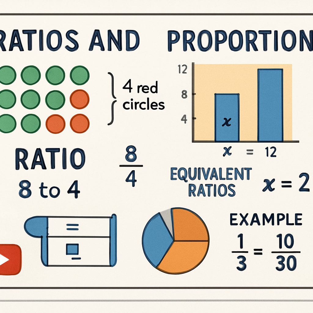 A close-up of a YouTube video tutorial explaining ratios and proportions with visual aids. Visual aids in a YouTube math tutorial for ratios and proportions.