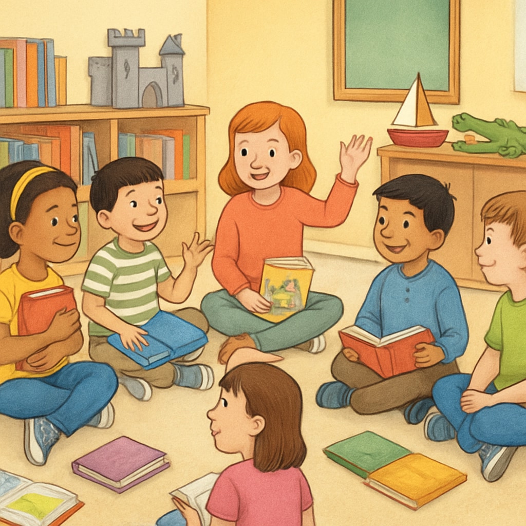 Group of kids sharing book insights to encourage interactive reading and comprehension.