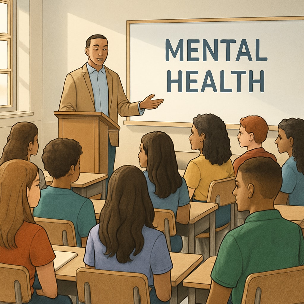 A group of high school students listening attentively to a speaker at a mental health assembly. High school students at a mental health assembly