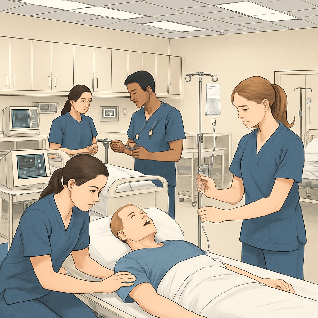 A group of nursing students practicing clinical skills in a laboratory setting with medical equipment. Nursing students practicing clinical skills, related to nursing program transfer advice.