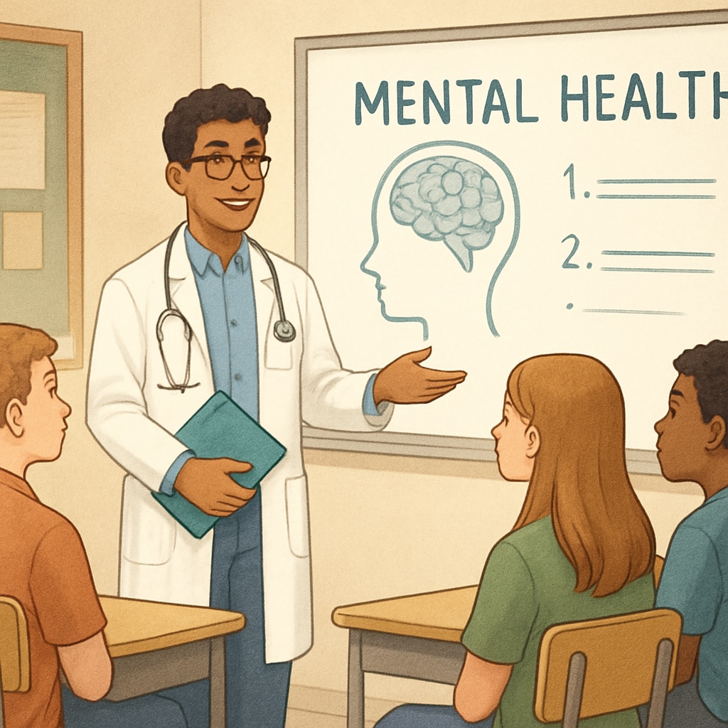 A medical student addressing a group of high school students during a mental health workshop. Medical student leading a mental health workshop