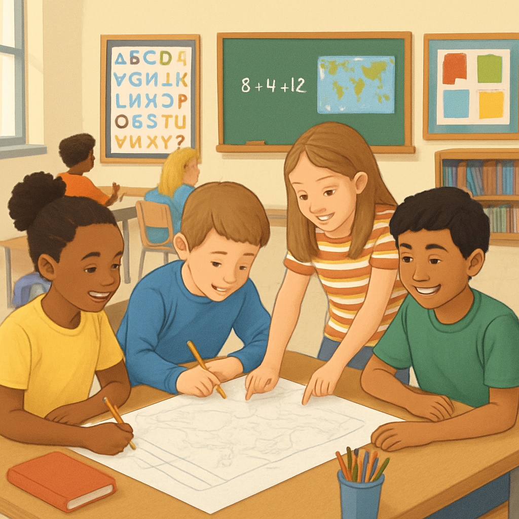 A public school classroom with diverse students engaged in a collaborative project. Public school students working on a group project in a classroom.