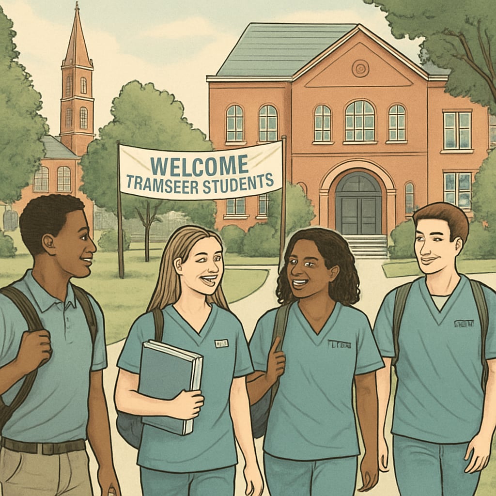 University campus with nursing students walking to class, representing a welcoming environment for transfer students. University campus with nursing students walking, highlighting nursing program transfer options.