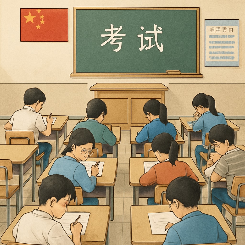 A classroom in China with students taking standardized exams, illustrating the importance of exam performance in the Chinese education system. Chinese classroom focused on standardized exams, highlighting exam-centric education.