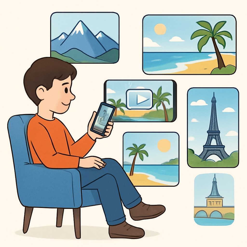 Watching travel short videos on a smartphone surrounded by scenic destinations to illustrate the impact of digital media.