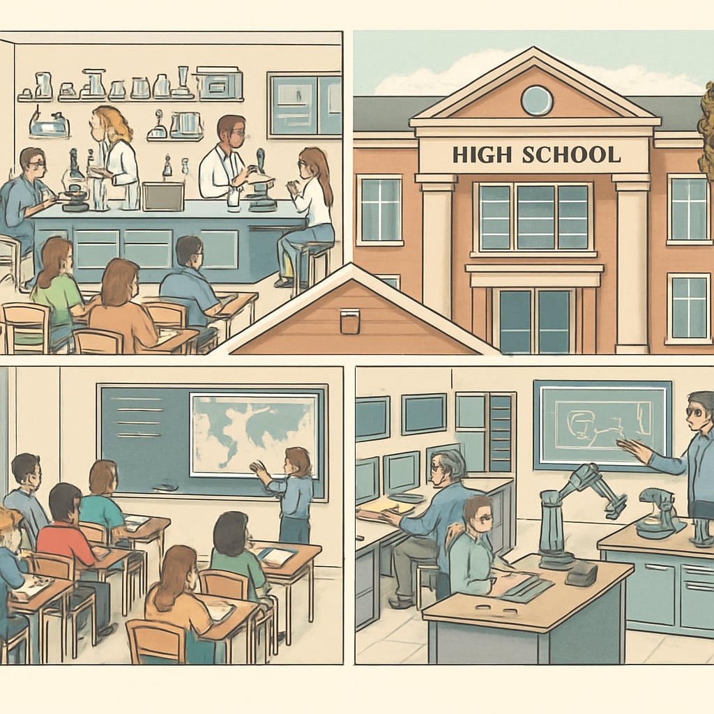 A modern U.S. high school facility showcasing advanced resources, representing disparities in resource allocation. U.S. high school resources demonstrating inequities in funding across districts.