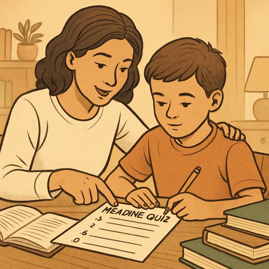 Parent helping child with a DIY reading comprehension quiz to encourage reading.