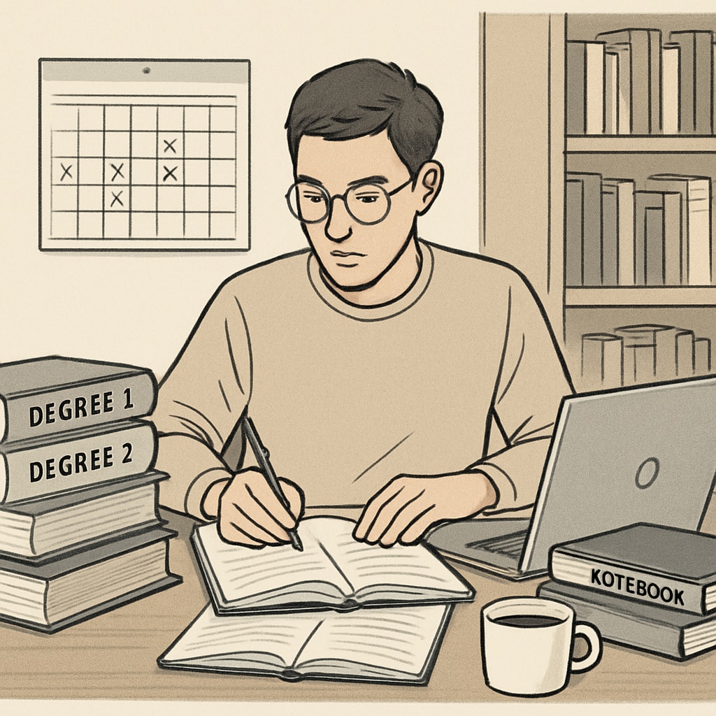 A student balancing mechanical engineering and an online second degree coursework.