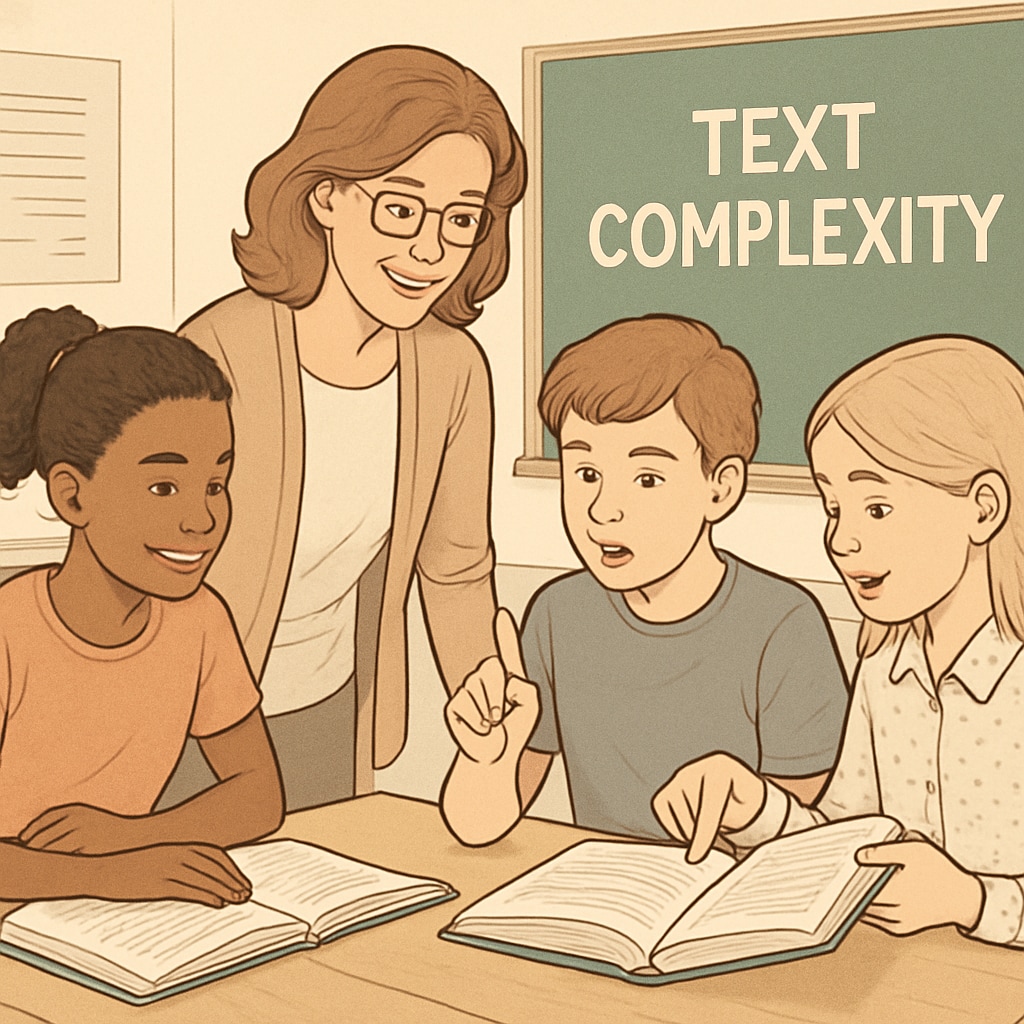 Teacher reviewing reading comprehension, text complexity with students.