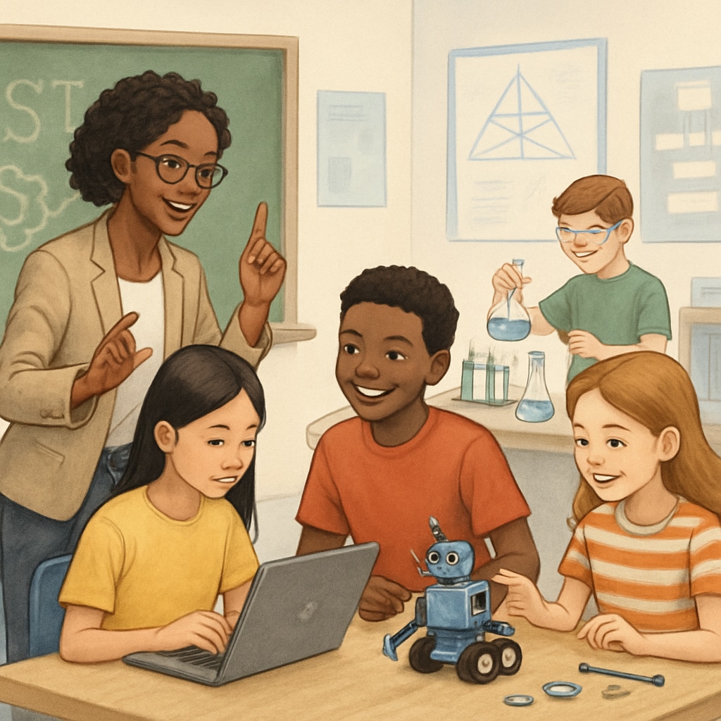 Teacher with students in a STEM classroom, illustrating public school efforts to attract students.