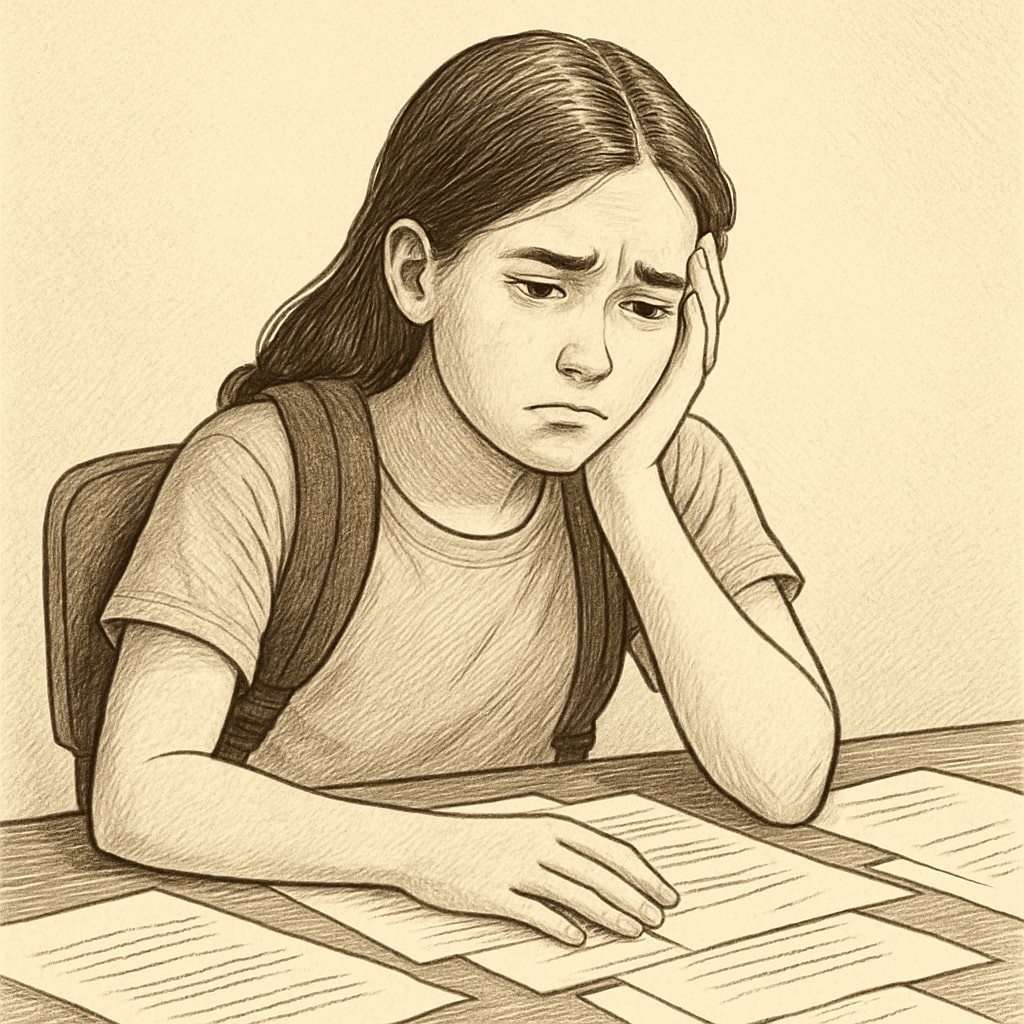 Teenage girl sitting at a desk with papers, representing school transfer challenges for special needs students.