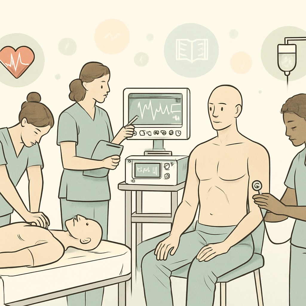 Nursing students practicing clinical skills in a lab environment.
