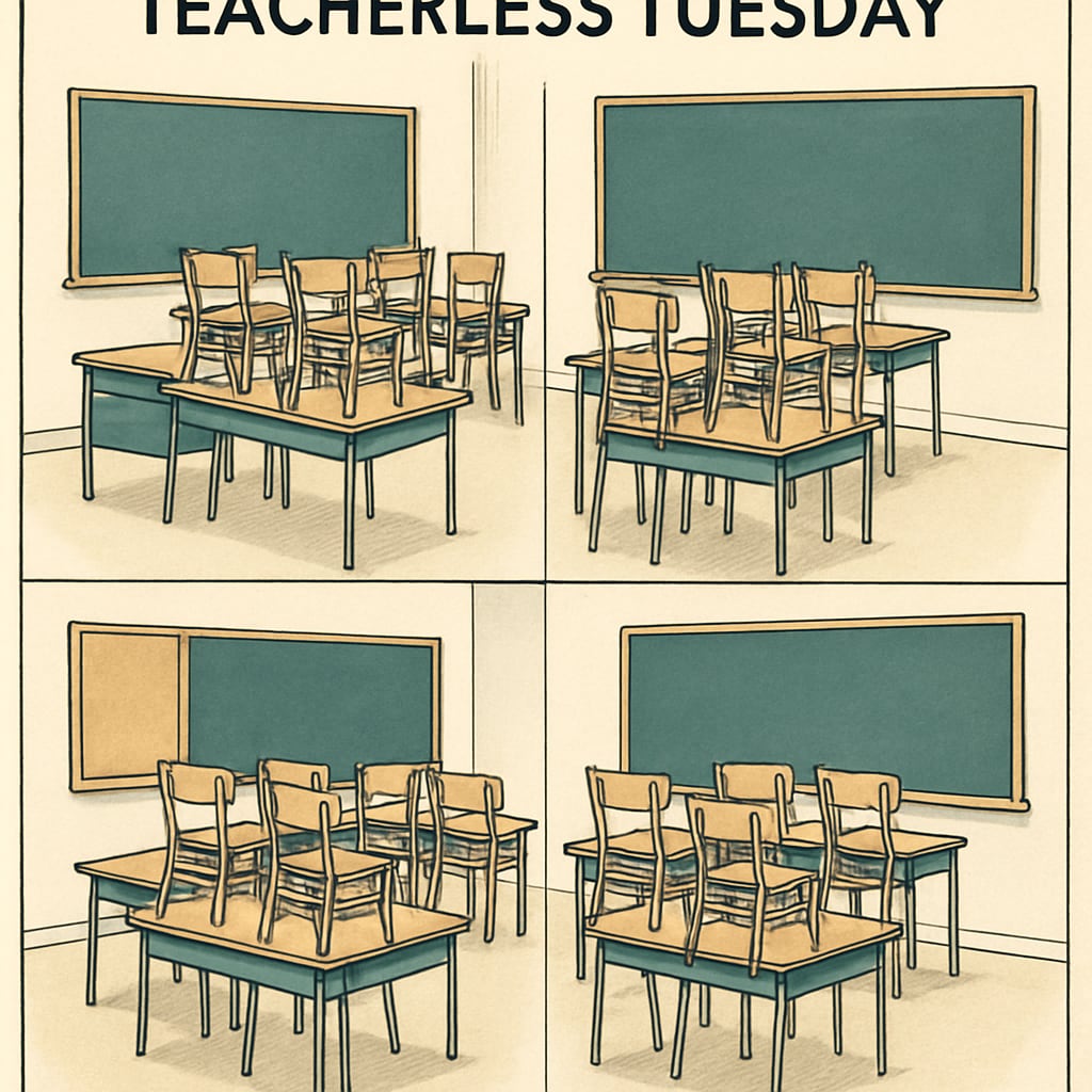Empty classrooms highlighting Teacherless Tuesday as part of teacher protests.
