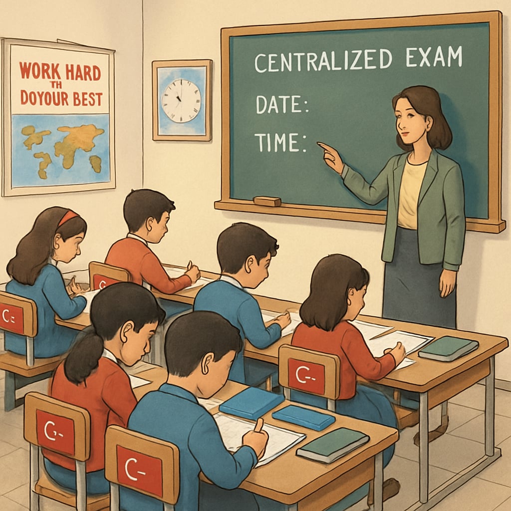 Turkish students in a classroom preparing for a national exam, representing exam pressure in education systems.